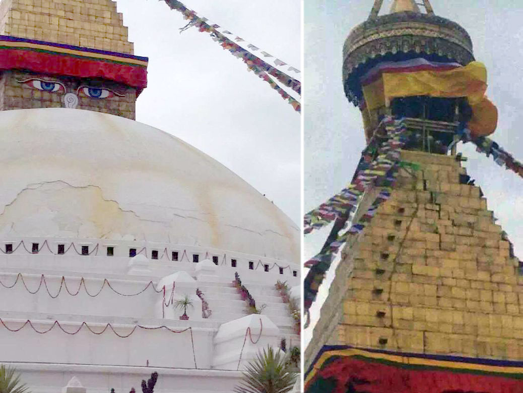 Cracks in the stupa of Boudhanath in Kathmandu (Photo by @JigmeUgen on Twitter)