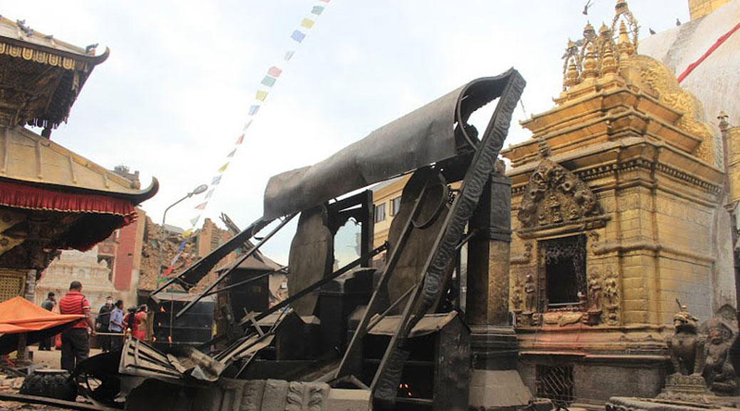 Extensive damage atop the Swayambhunath complex (Abhimanyu Chakravorty, Indian Express)