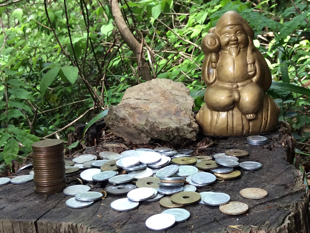 A small Buddha statue with several offerings on the Koburi Pass hiking trail