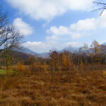 The Senjogahara Marshlands, a wide-open plains area framed by Mt. Nantai, Mt. Taro and Mt. San's-boshi from right to left