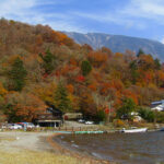 The fall colors along Shobugahama Beach on the north end of Lake Chuzenji