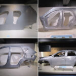 An example of Mazda's stamping process shows the steps from a piece of sheet metal to the molded finish on the actual vehicle