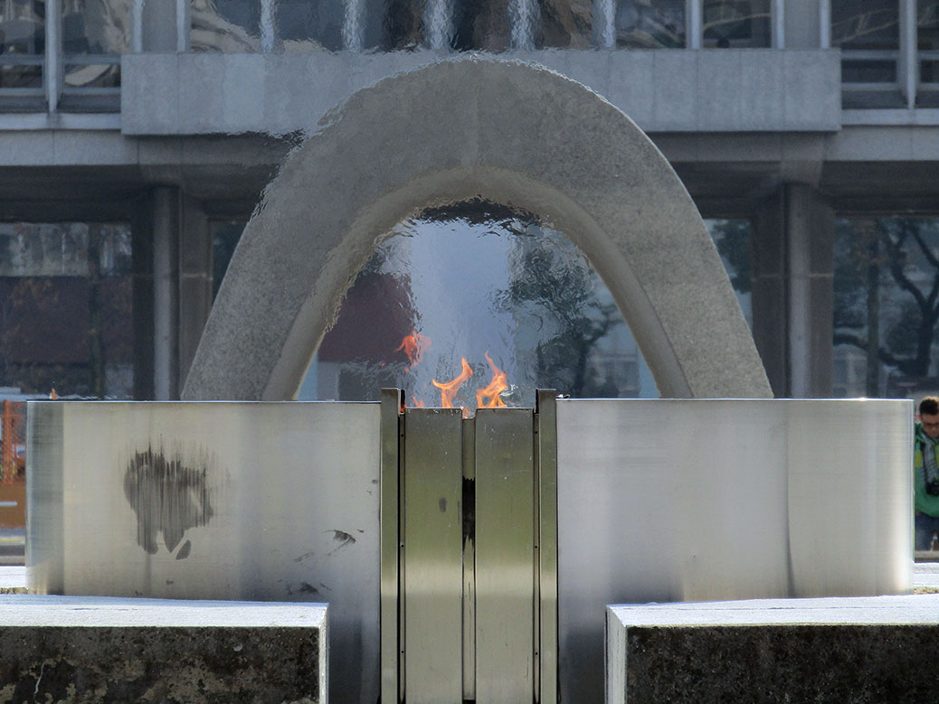 The Peace Flame has burned continuously since August 1, 1964 and will continue to burn "until the day when all such weapons shall have disappeared from the earth"