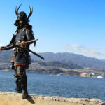 "Samurai" in full costume offered kids a chance to dress up and take photos with them along the Miyajima bayfront path