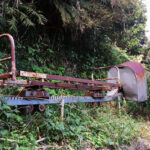 A rusty train with a track that ran straight up the hillside to move crates of oranges out of the orchards