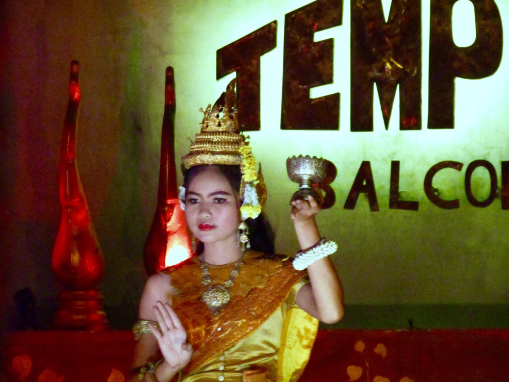 An apsara dancer performs at Temple Balcony on Siem Reap's Pub Street