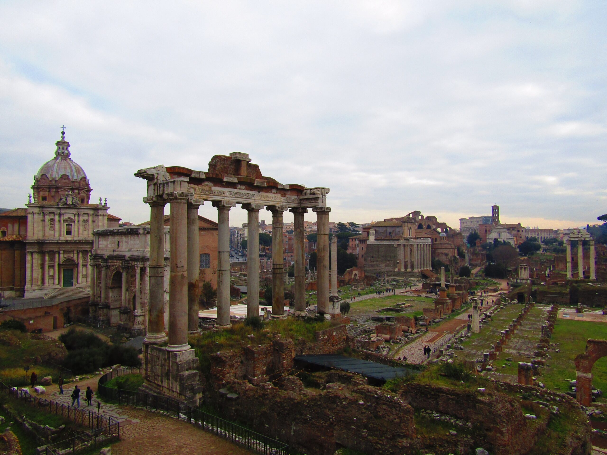 The columns of the Temple of Saturn (between 497-42 B.C.), the Arch of Septimius Severus (203 A.D.) and the Santi Luca e Martina church (625 A.D.) are some of the most famous sights of the ruins of the Roman Forum. For centuries, the Forum was the center of Rome. Today, major excavations and restoration projects are ongoing as the history of the once-great marketplace continues to reveal itself.