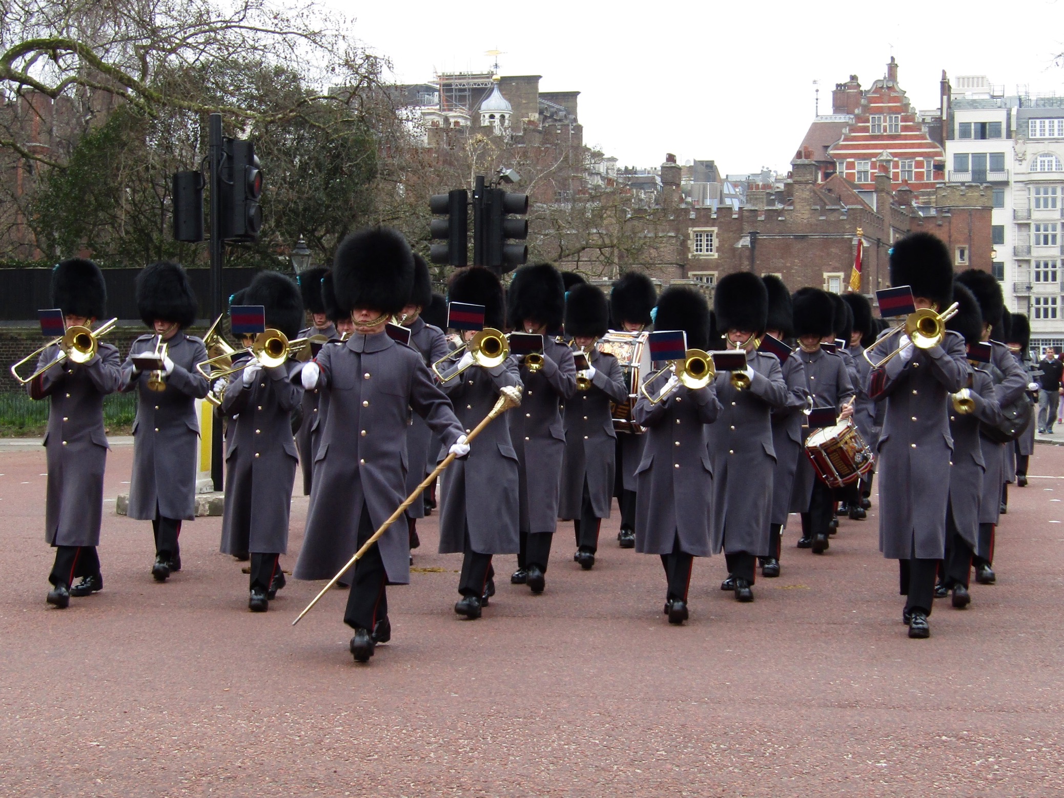 The Household Troops band and New Guard relief corps march down Marlborough Street toward Buckingham Palace.