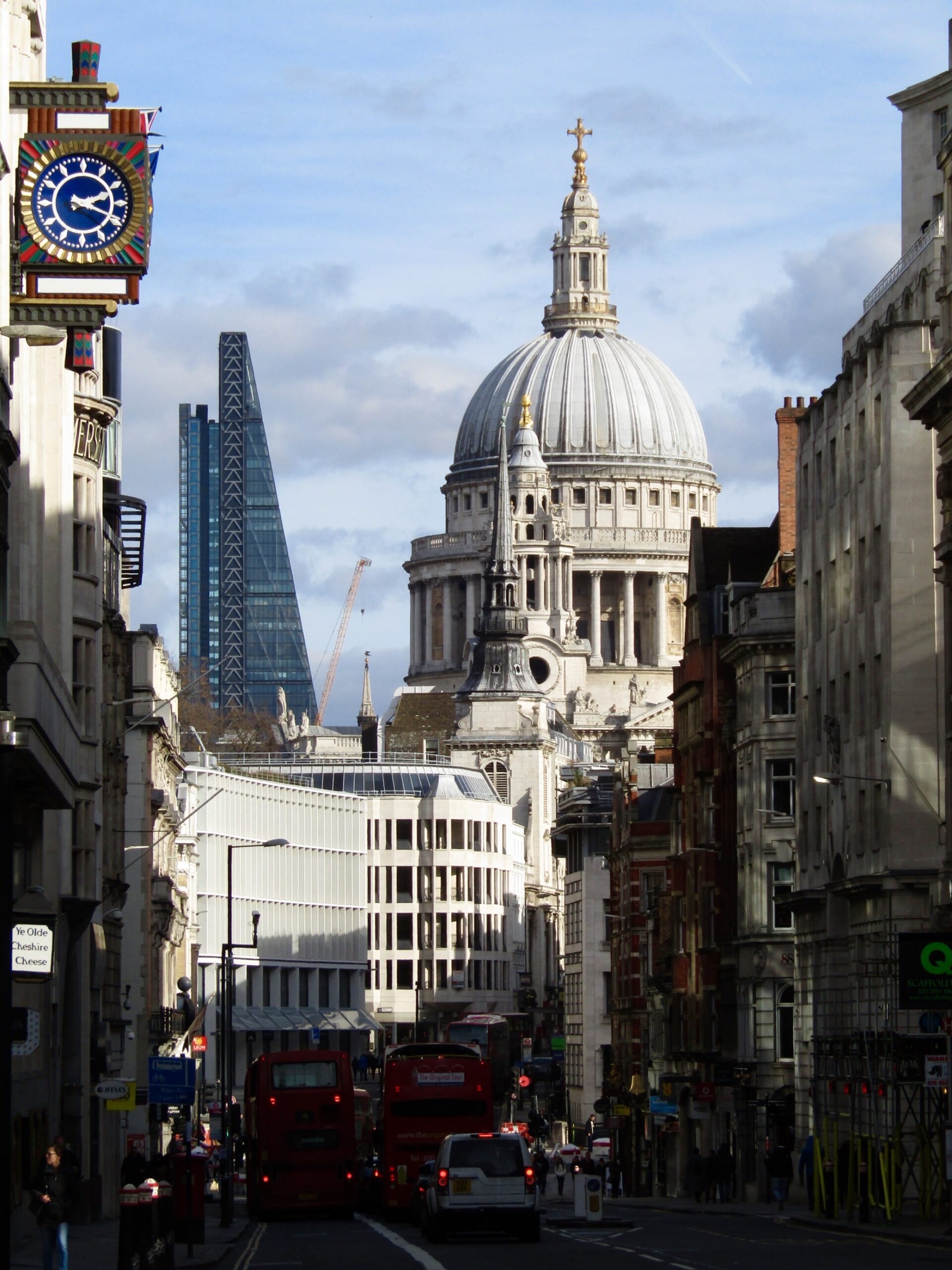 St. Paul's Cathedral fills the skyline on Fleet Street.