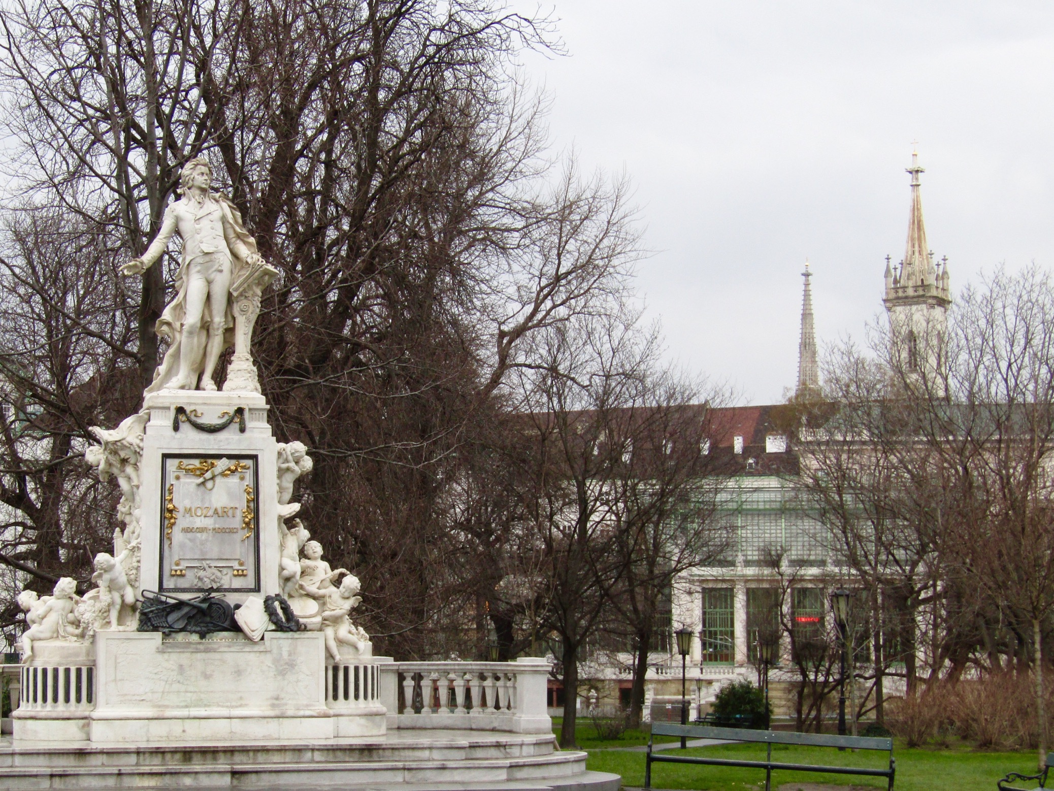 A statue of Mozart in the Hofburg Palace gardens.