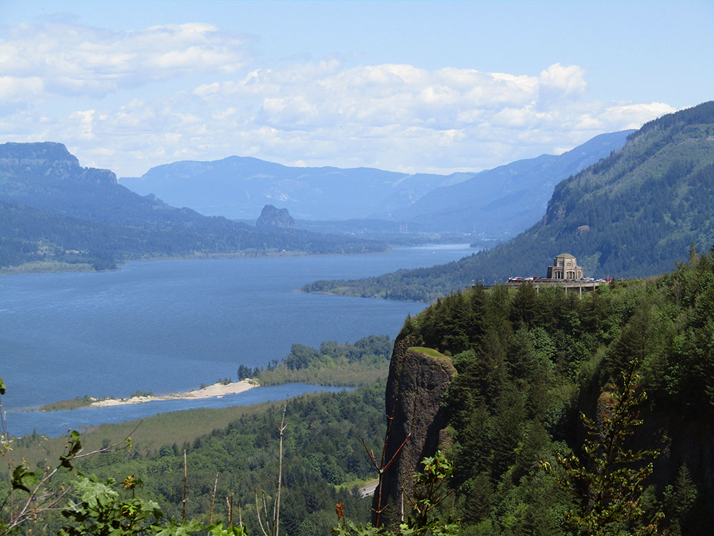 Looking east from the Portland Women's Forum State Scenic Viewpoint toward the Vista House on Crown Point and down the Columbia River Gorge.