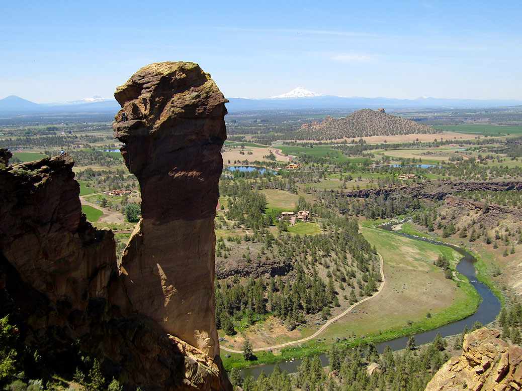 Looking out toward Monkey Face with Mt. Jefferson in the background.