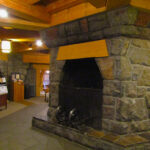 The multi-floor fireplace in the Timberline Lodge lobby. The 90-foot chimney serves as the top of the iconic tower outside.