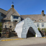 Historic Timberline Lodge near the summit of Mount Hood. The "cave" protecting the stairs from the snow was still in place in June.